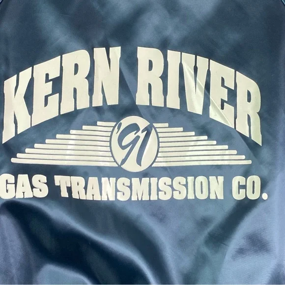 Vintage 1991 Navy Blue Satin Baseball Bomber Jacket Striped Trim XL - Picture 2 of 6